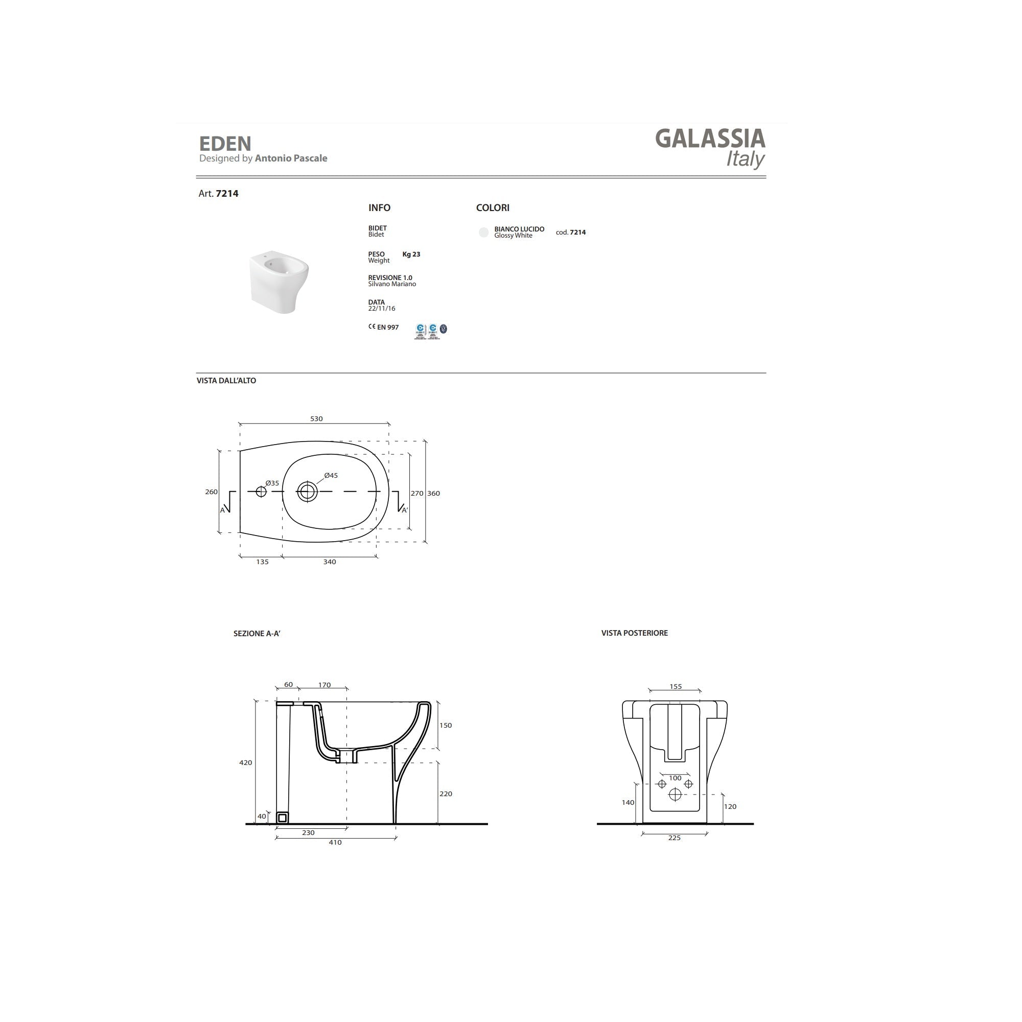 Bidet a pavimento Galassia Eden cod. 7214