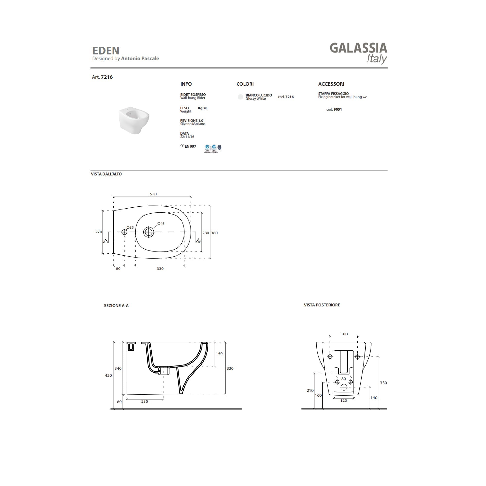 Bidet sospeso Galassia Eden cod. 7216