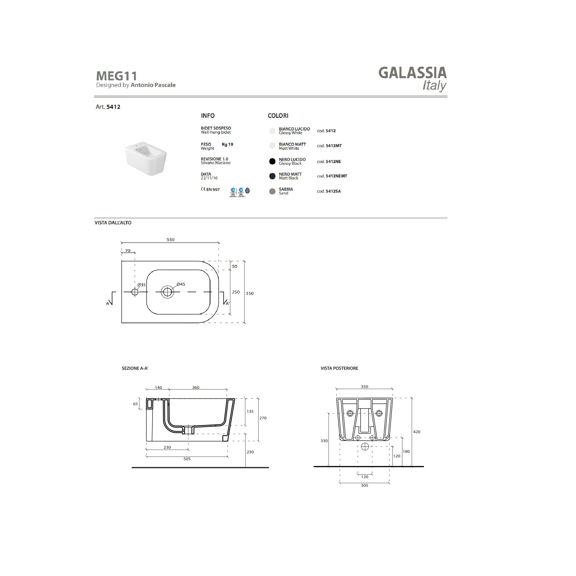Bidet sospeso Galassia Meg11 Pro cod. 5412