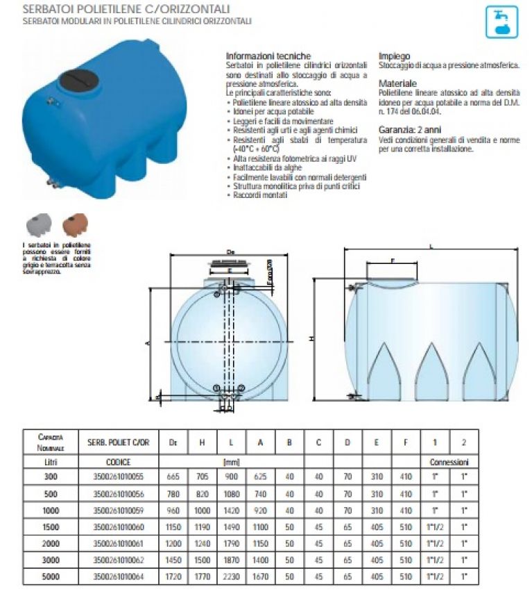 Serbatoio Cordivari in Polietilene 500 Litri Orizzontale per stoccaggio acqua
