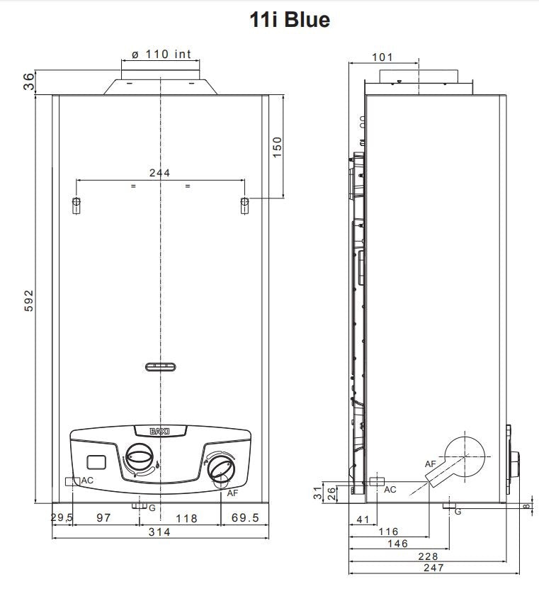 Scaldabagno a gas Metano 11 Litri Baxi Acquaprojet Blue 11i Camera Aperta