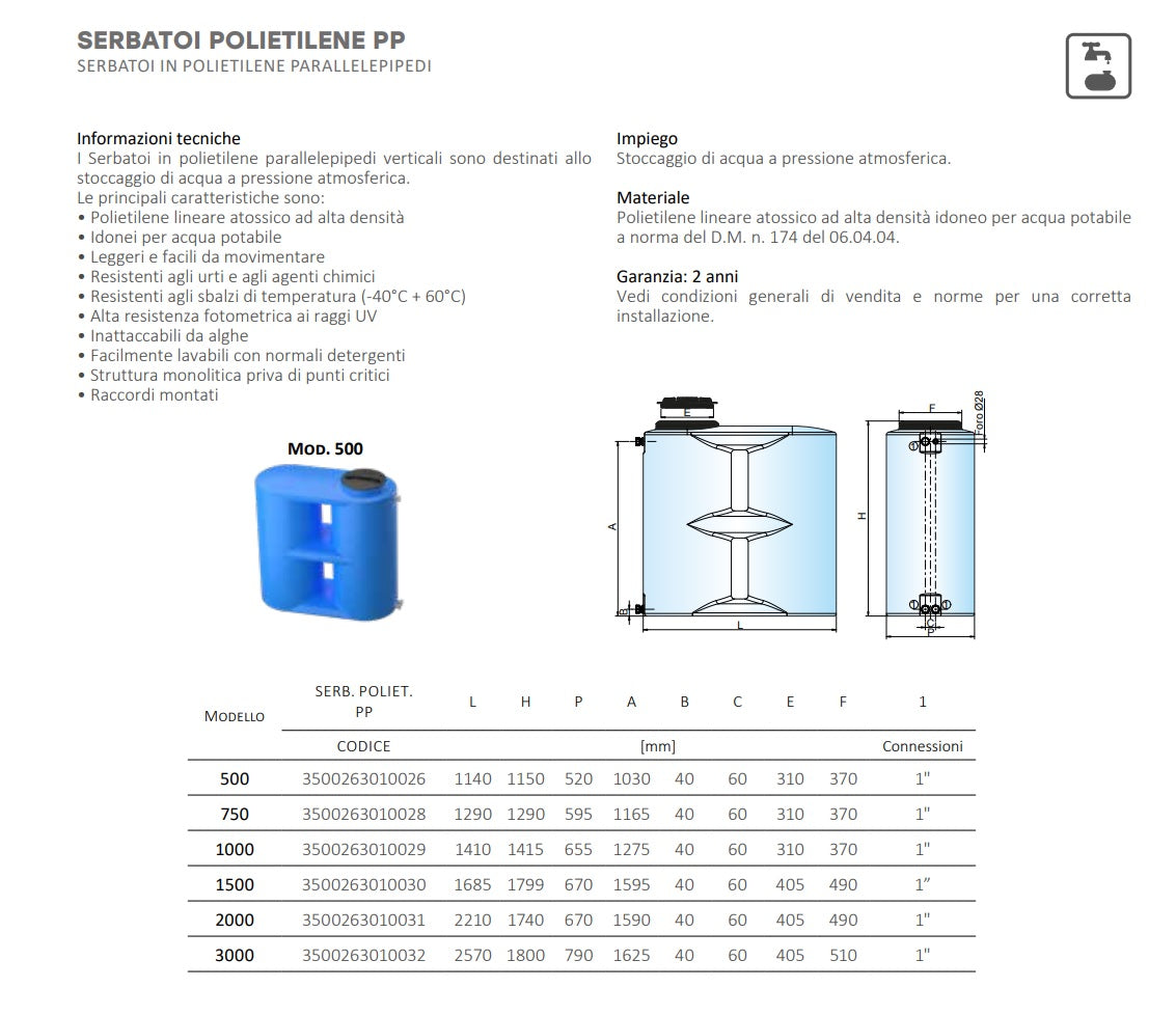 Serbatoio Cordivari in Polietilene 500 Litri Parallelepipedo per stoccaggio acqua