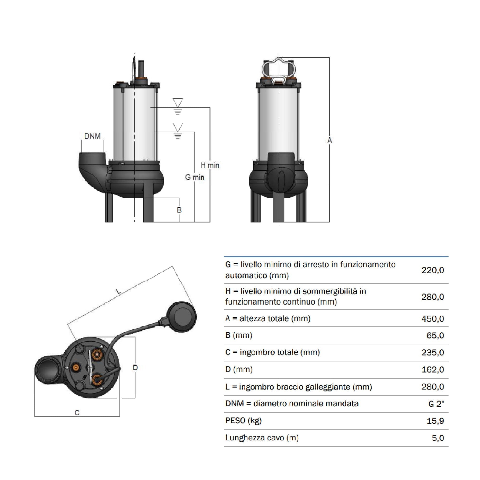 Pompa elettropompa sommergibile BBC Semisom 390 VS HP 1 per acque luride