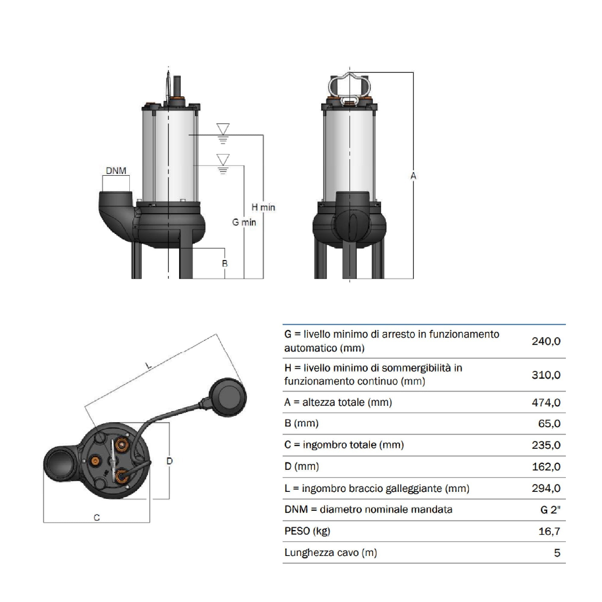 Pompa elettropompa sommergibile BBC Semisom 490 VS HP 1.5 per acque luride