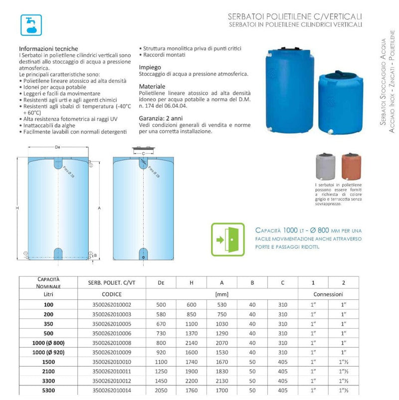 Serbatoio Cordivari in Polietilene 100 Litri Verticale per stoccaggio acqua